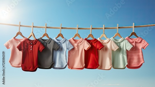 a line of baby ones hanging on a colorful clothes line against a blue sky. Generative AI