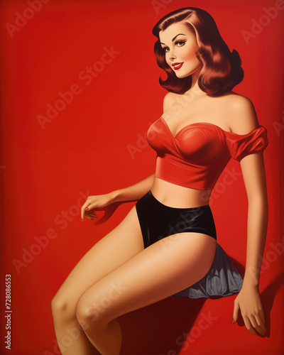 Retro 1950's pin up style advertising shot postcard of girl, woman advertising underwear on red background