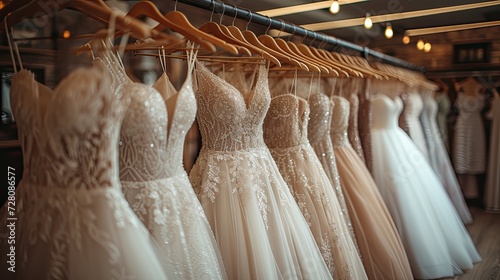 Collection of pastel wedding dresses hanging on rack in dressing room. Generative AI	