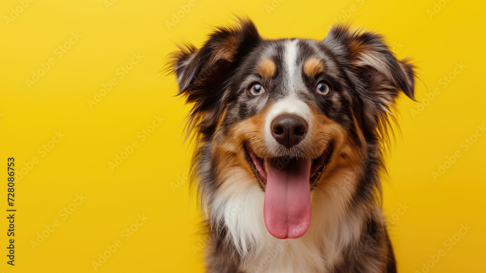 Advertising portrait, banner, smiling colored australian shepherd looking straight to the camera, isolated on yellow background