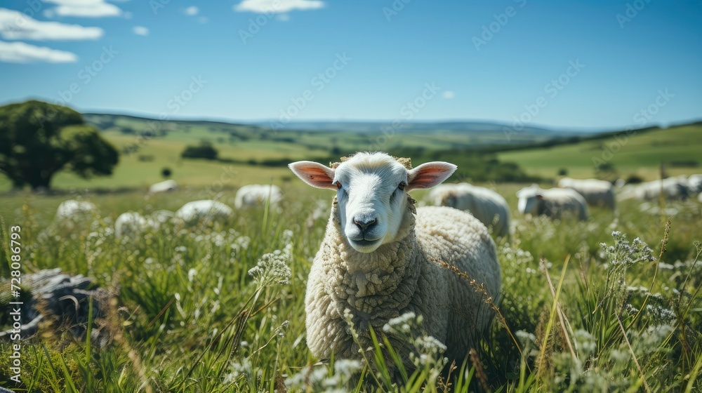 Sheep farm with green grass and clear sky