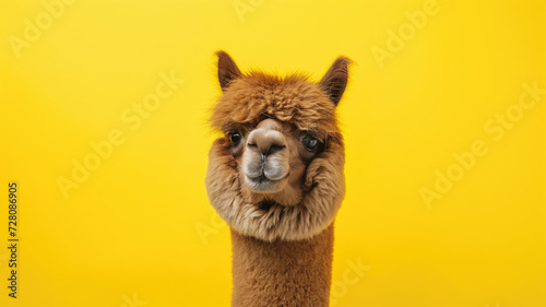 Advertising portrait, banner, cheerfu brownl alpaca with trimmed hair, looks straight, isolated on yellow background