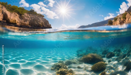 split underwater view with sunny sky and serene sea