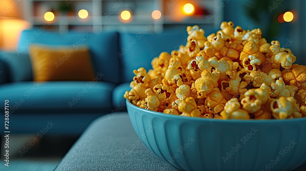 Popcorn on a coffee table with cozy lights in the blue room background. Generative AI Popcorn on a coffee table with cozy lights in the blue room background. Generative AI