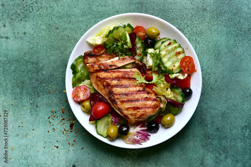 Grilled chicken fillet with fresh vegetable salad. Top view with copy space.