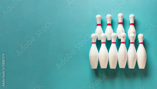 minimalist photo of bowling pins over turquoise blue background flat lay top down image of white bowling pins with copy space photo