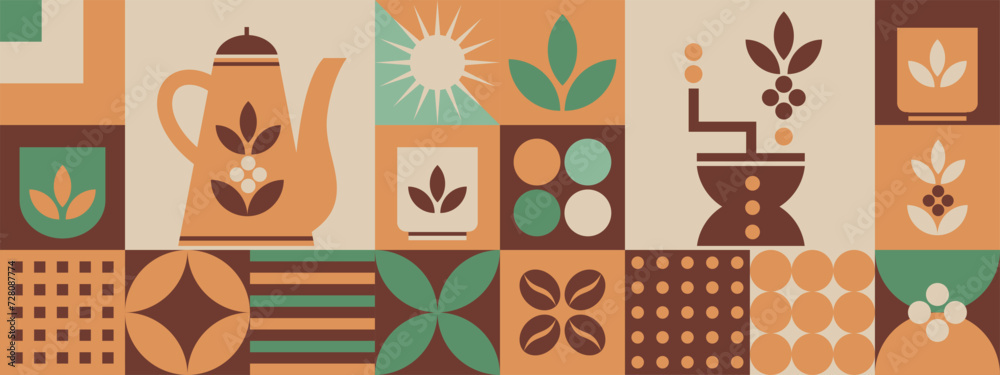 Geometric pattern with coffee and tea theme. Minimalistic illustration with coffee mill and teapot. Abstract shapes. Print for coffee tea shop, tea room, menu, food package, mural, banner, background.