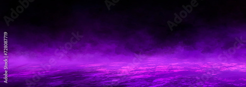 Abstract empty dark stage with purple smoke, neon, sparkles.