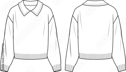 Women's Pearl Detail Collar Jumper- Technical fashion illustration. Front and back, white color. Women's CAD mock-up.