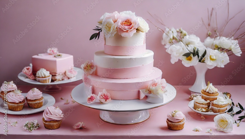 beautiful cakes and desserts in pink tones on a pink background wedding cake birthday cake valentine s day cake