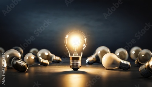 one of lightbulb glowing among shutdown light bulb in dark area with copy space for creative thinking problem solving solution and outstanding concept by 3d rendering technique