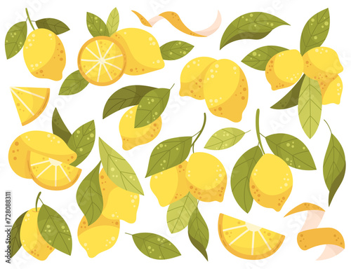 Lemon set. Tropical set with yellow lemons and green leaves. Vector illustration on white background