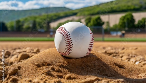 a white leather baseball lying on top of the pitcher s mound