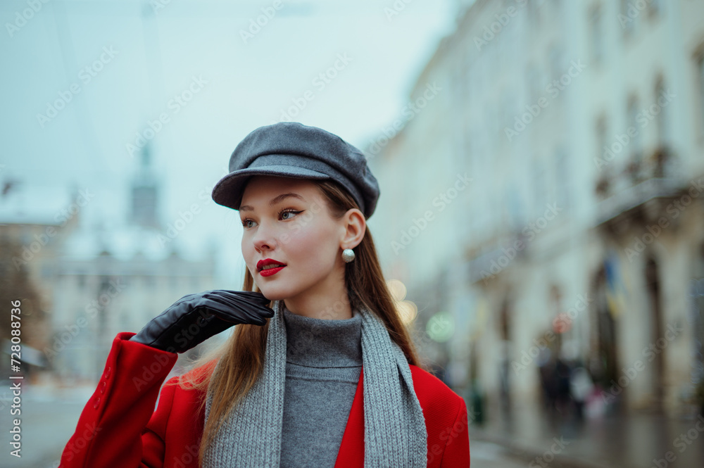 Fashionable confident woman wearing elegant red coat, gray cap, silver earrings, black leather gloves, walking in street of European city. Outdoor close up portrait. Copy, empty, blank space for text
