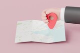 3d Minimal hand holding Folded map and pin locate icon. 3D world map paper location concept, isolated on pink background, Element for Map, social media, Mobile Apps. 3d minimal cartoon. 3d rendering.