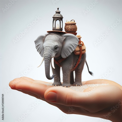 Miniature Elephant standing on hand, animal protection themed. photo