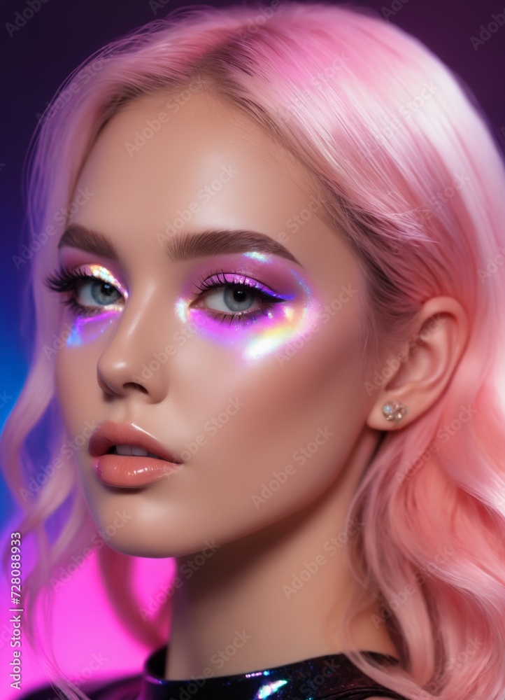 Closeup of woman's face with holographic makeup