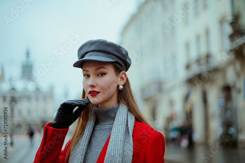 Fashionable confident woman wearing elegant red coat, gray cap, silver earrings, black leather gloves, posing in street of European city. Outdoor close up portrait. Copy, empty, blank space for text 