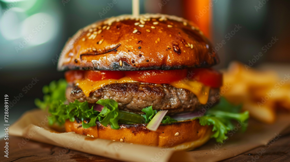 A succulent hamburger served from a food truck A succulent hamburger served from a food truck
