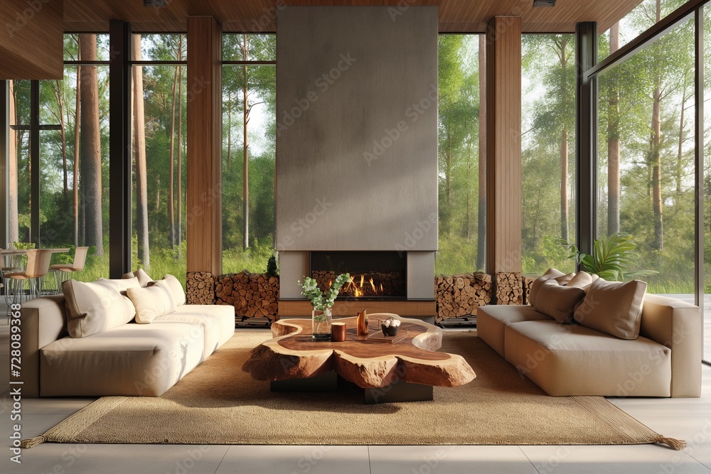 Scandinavian Home Interior with Live Edge Coffee Table, Sofas by Fireplace in Modern Living Room, House in Forest