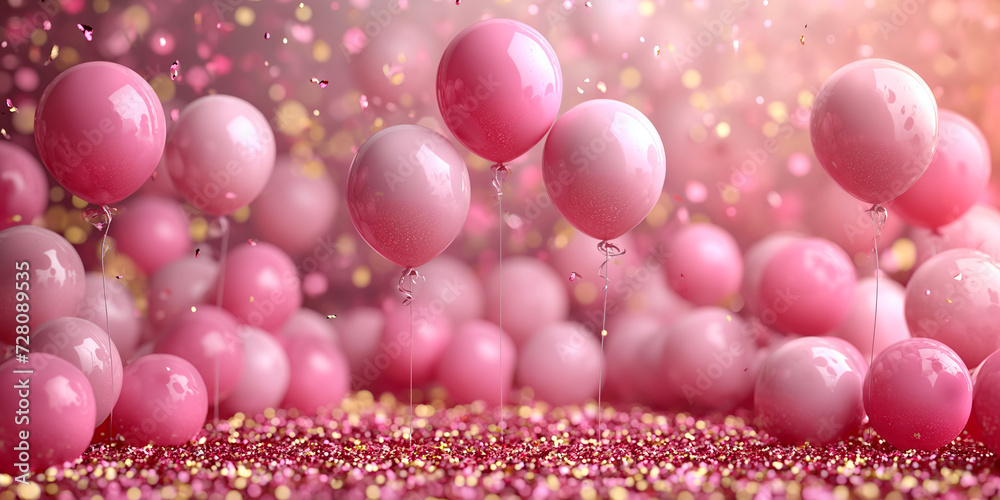 Viele fliegende Luftballons in pink mit Konfetti und Textfreiraum Viele fliegende Luftballons in pink mit Konfetti und Textfreiraum