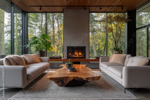 Scandinavian Home Interior with Live Edge Coffee Table, Sofas by Fireplace in Modern Living Room, House in Forest © borisk.photos
