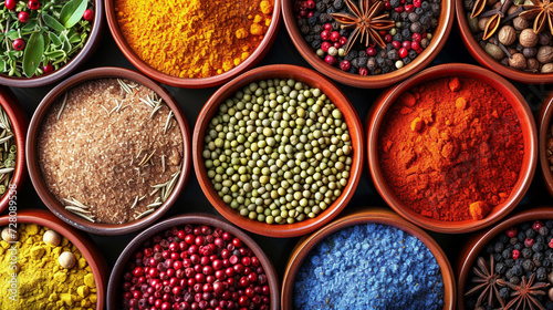 Vibrant Spices Display - Colorful Indian Seasonings Artfully Arranged on a Checkered Tabletop