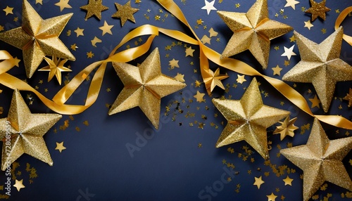 christmas and new year festive background golden stars and gilded ribbons on navy blue background with copy space for text the concept of christmas and new year holidays