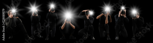 Fotografía Group of photographers with cameras on black background, banner design