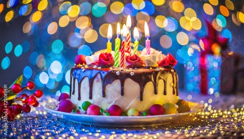 birthday cake with candles bright lights bokeh celebration