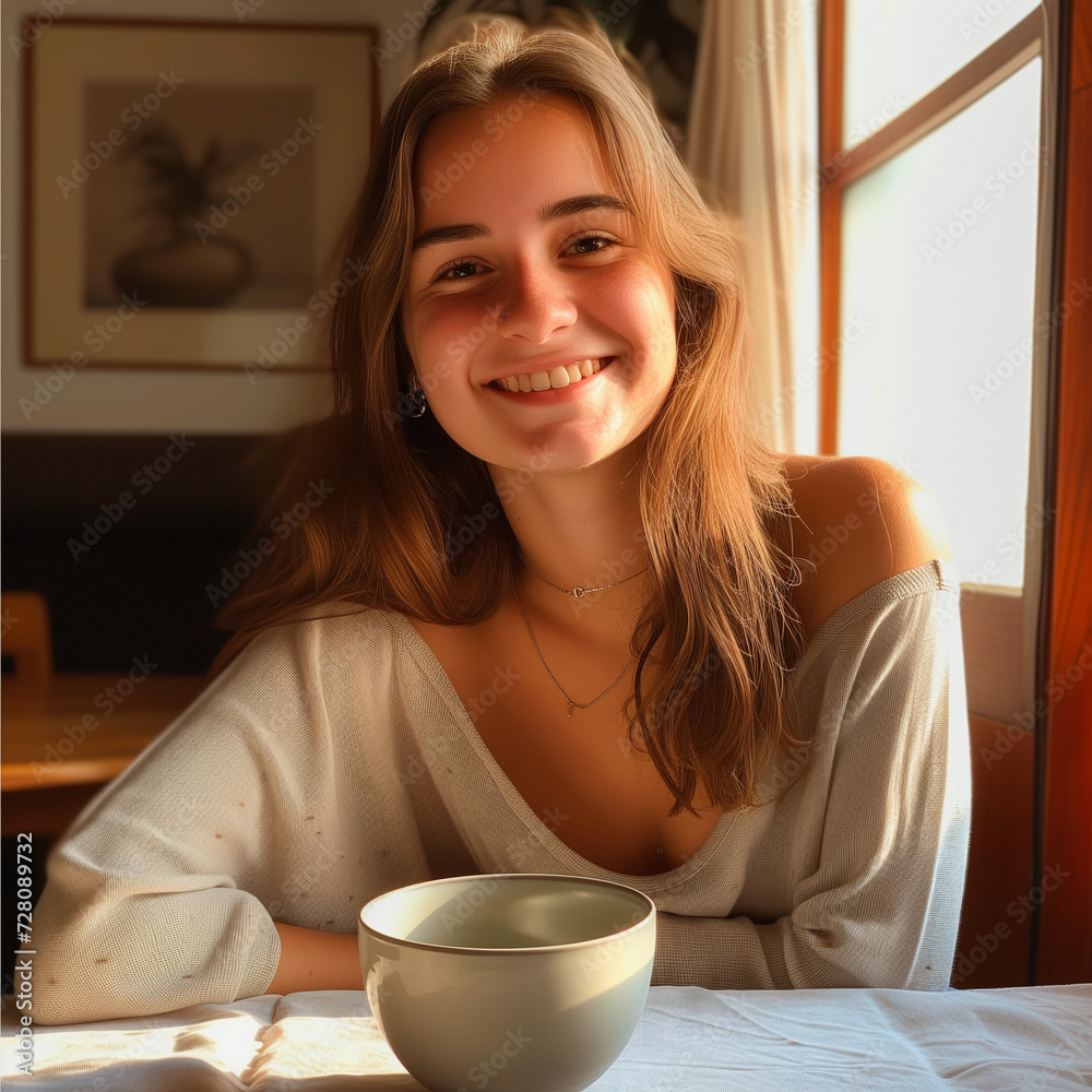 girl smiling while sitting at a table with a breakfast bowl girl smiling while sitting at a table with a breakfast bowl