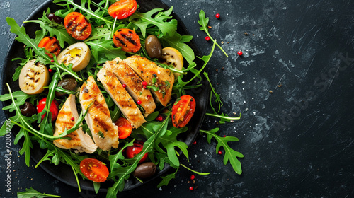 Grilled Chicken Breast Fillet with Fresh Vegetable Salad on Arugula and Tomatoes for Mediterranean Diet