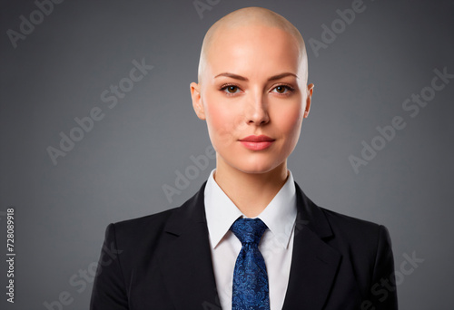 A bald woman. Portrait of a young businesswoman on a gray background, close-up.