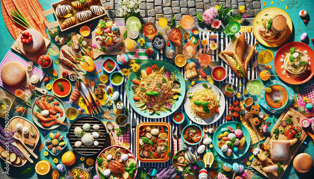 Top-down view of an Italian spring festival food scene, featuring fresh pasta with vegetables, grilled seafood, gelatos, and spritz cocktails, in a vibrant outdoor setting