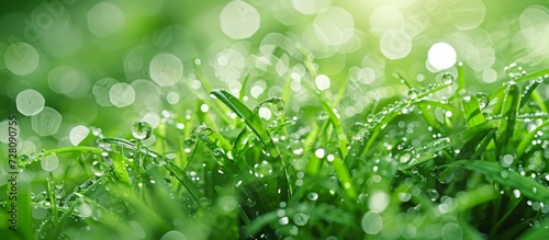 Refreshing Water Drops Delicately Hydrating Green Grass with Cascading Water Drops and Lush Green Grass photo