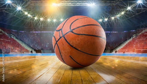 basketball on hardwood court floor in basketball arena