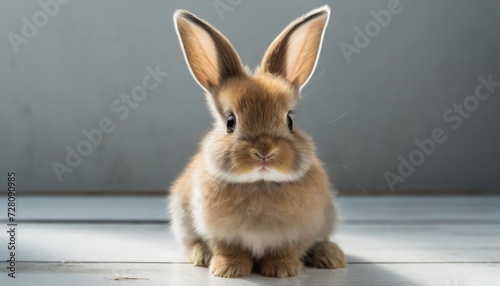 a cute brown rabbit sitting on a white floor background generative ai