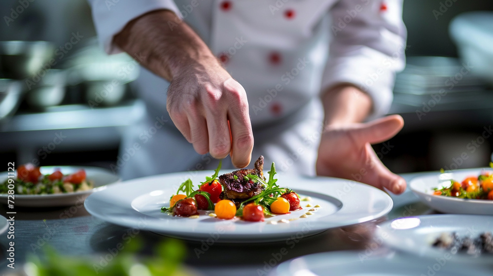 A Master Chef Prepares a Delicious and Fresh Dish in a 5-Star Michelin Restaurant Kitchen, Creating a Mouthwatering Meal for Customers to Enjoy
