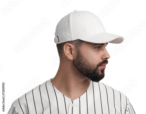 Man in stylish baseball cap on white background