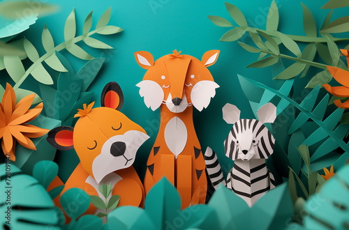 Paper safari animals in a forest backdrop  excellent for craft design and educational book illustrations