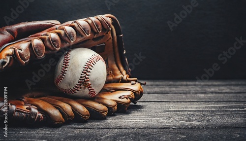 moody style baseball background with old ball in leather glove close up for sport copy space on dark backdrop photo