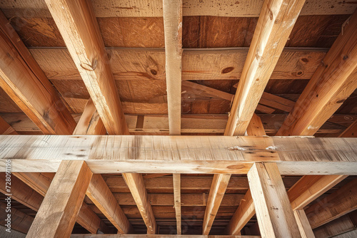 View of a newly home under construction with wood framing beams stick Generative AI