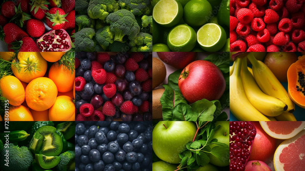 Vibrant Fruits and Vegetables Galore A Visual Feast of Nine Stunning Backgrounds Stock Photo