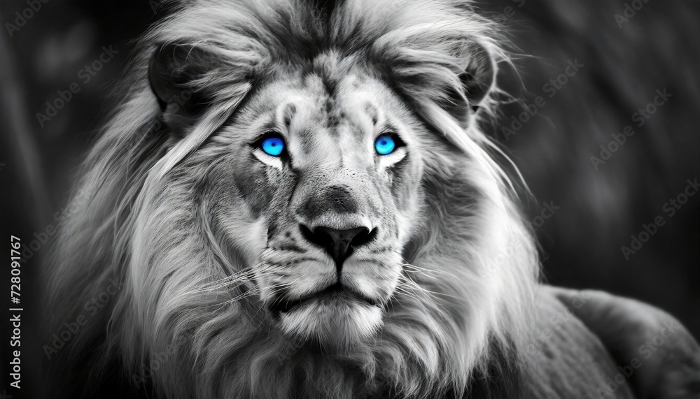 lion in black and white with blue eyes