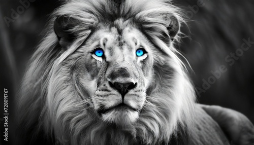 lew w czerni i bieli z niebieskimi oczami