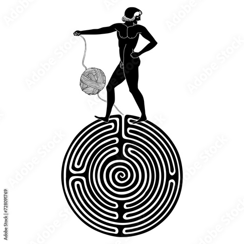 Theseus. Ancient Greek hero. Ariadne thread. Young man standing on a round spiral maze or labyrinth symbol and holding a yarn ball. Black and white silhouette.