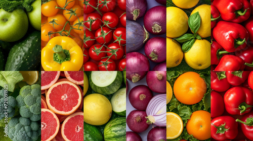 Colorful Fruits and Vegetables Arranged on Nine Backgrounds