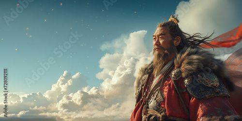 A serious look lies on the face of the Mongolian leader as he rides his horse through the endless expanses of the world's largest empire. Determination and a deep connection to the vast steppe. photo
