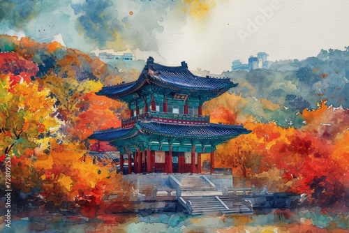 History of South Korean in watercolor colors Illustration. South Korea history watercolor paint Illustration. Horizontal format