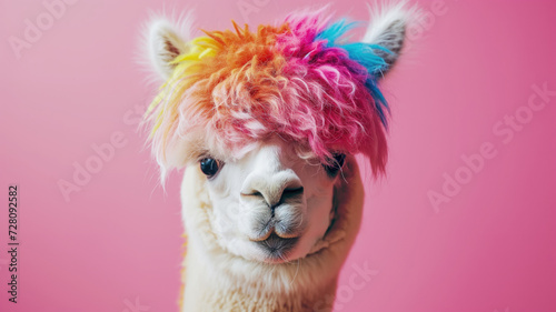 Advertising portrait, banner, colored haid funny alpaca with white wool, looks straight, isolated on pink background © NK Project